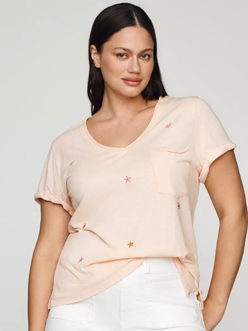 Pilcro Quinn drapey v-neck rolled sleeve pocket tee embroidered sea creatures M